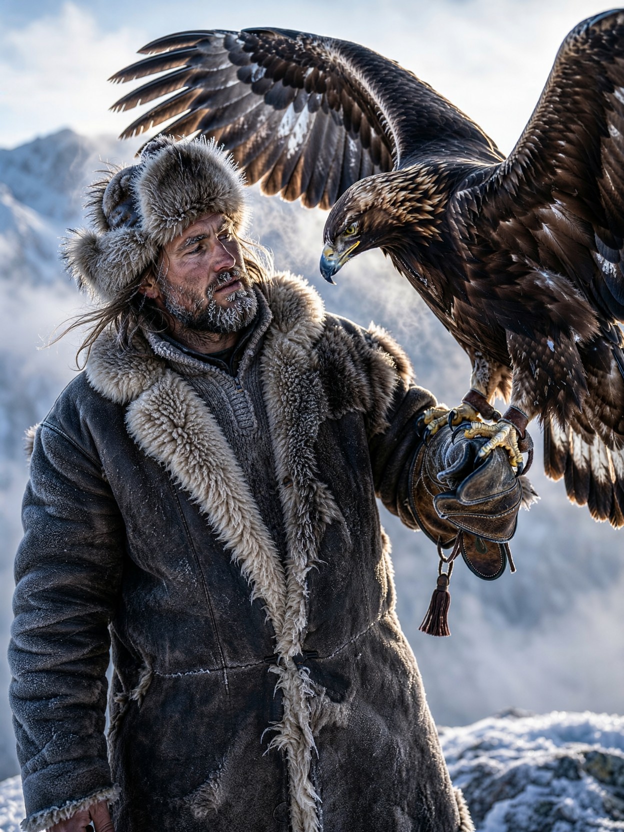 Rugged Falconer Guiding Golden Eagle — AI generated image