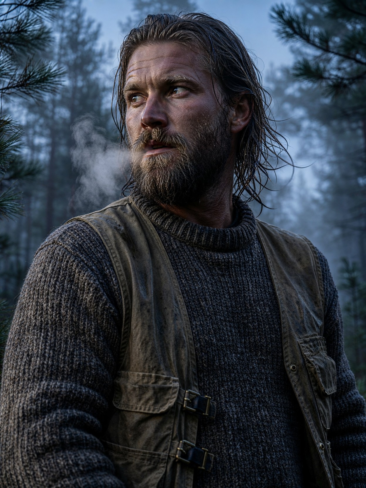 Rugged Woodsman In Misty Pine Forest — AI generated image