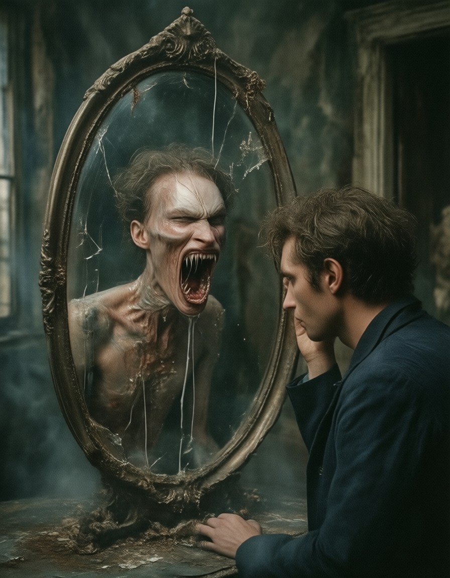Distorted Reflection in Nightmare Mirror — AI generated image