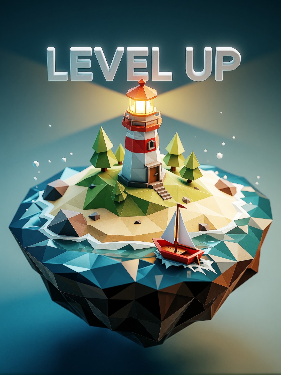 Low Poly Island with Lighthouse and LEVEL UP — AI generated image