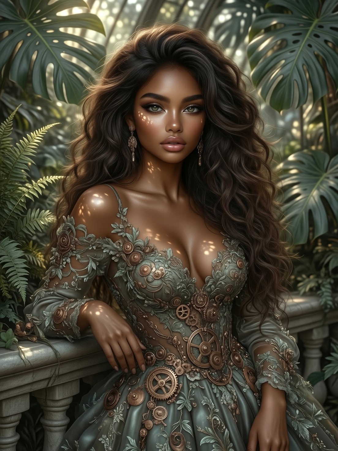 Green Portrait in Sunlit Conservatory — AI generated image