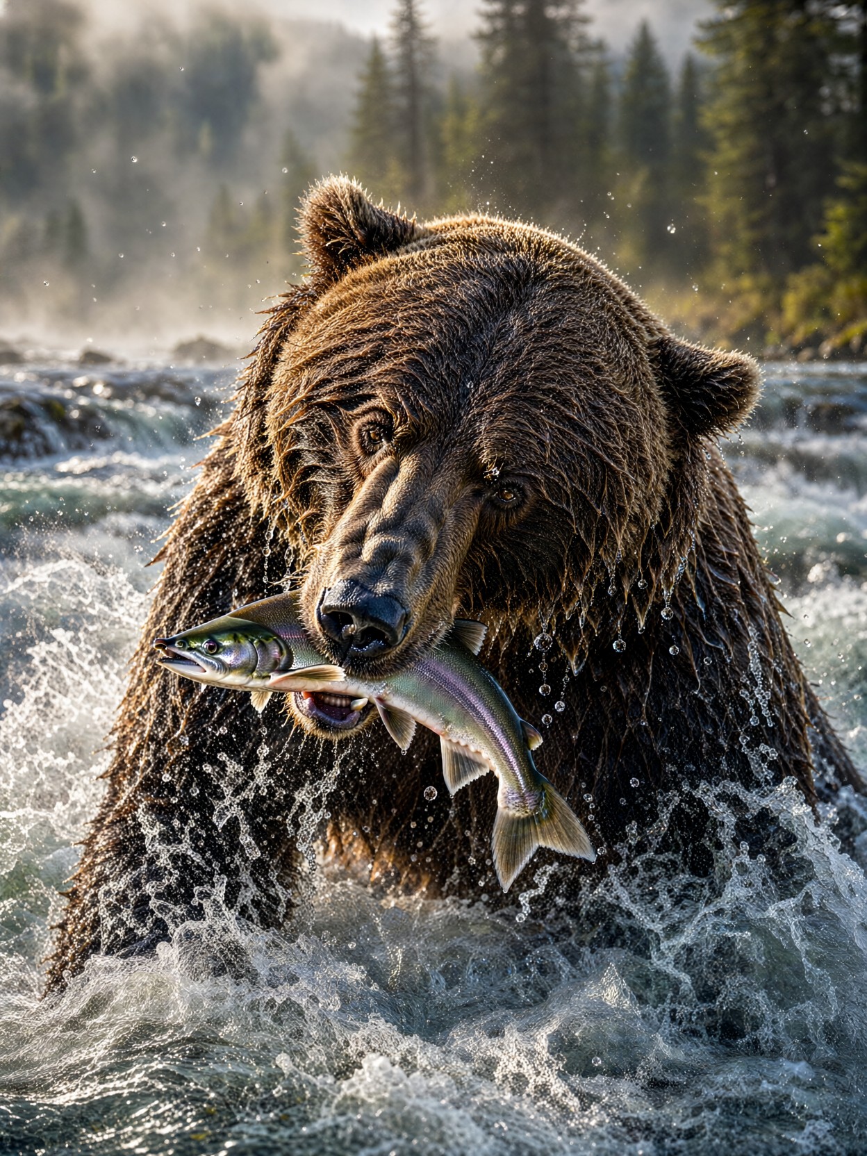 Grizzly Bear Seizing Salmon In Rapids — AI generated image