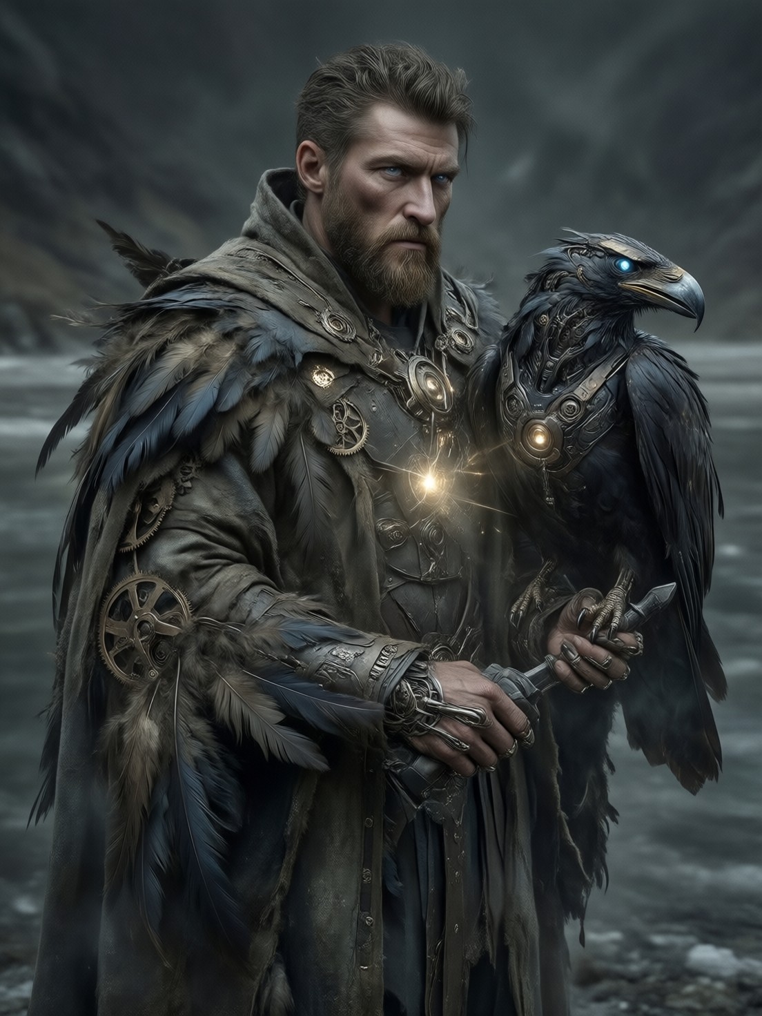 Icy Nobleman with Mechanical Raven — AI generated image