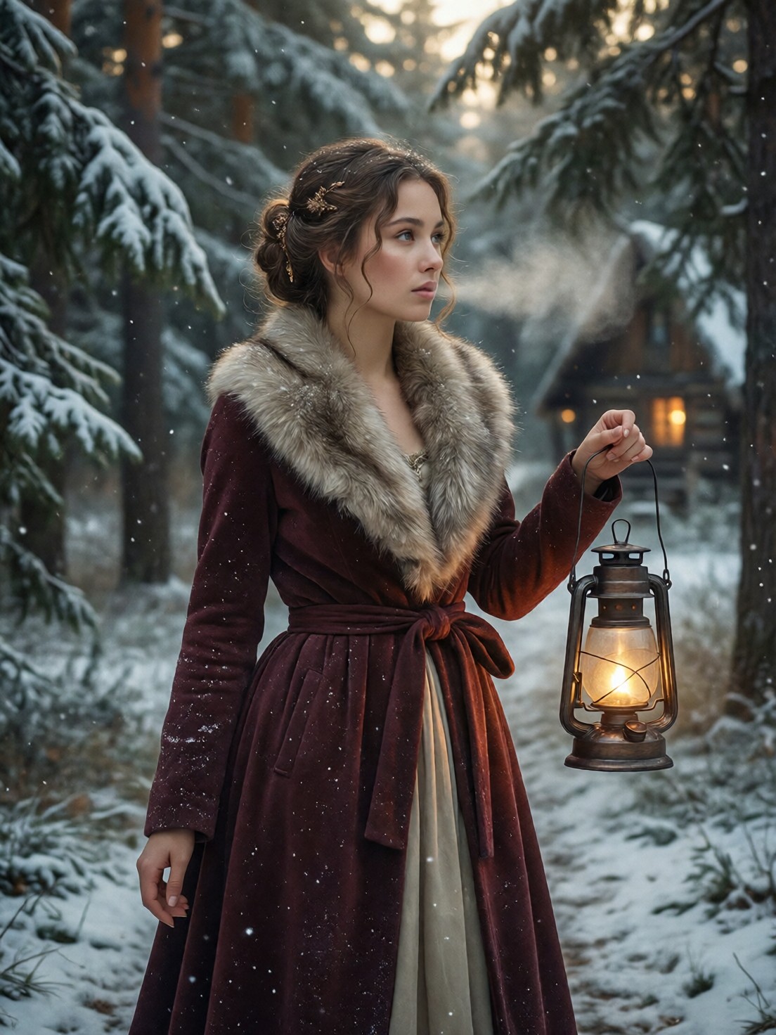 Velvet-Cloaked Figure in Snowy Twilight Forest — AI generated image