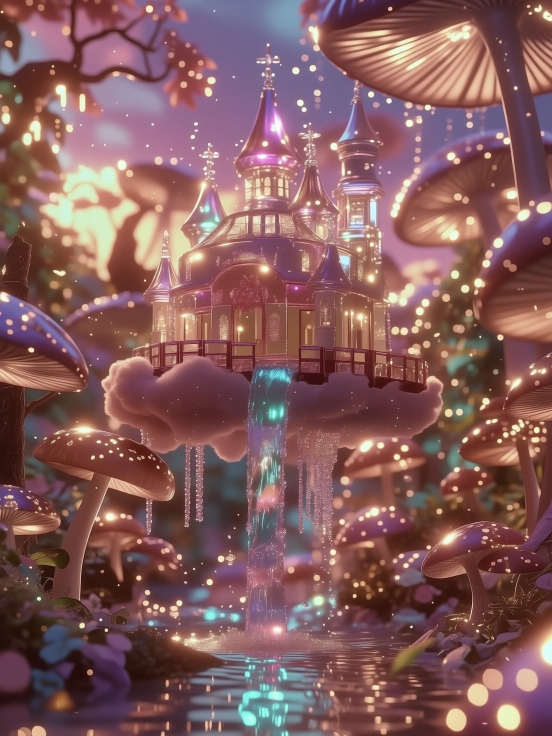 Iridescent Glass Castle Over Mushroom Forest — AI generated image