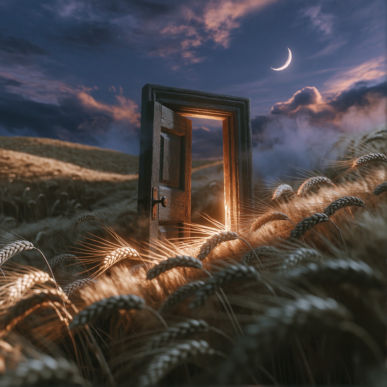 Surreal Wooden Door Stands Alone In Wheat — AI generated image