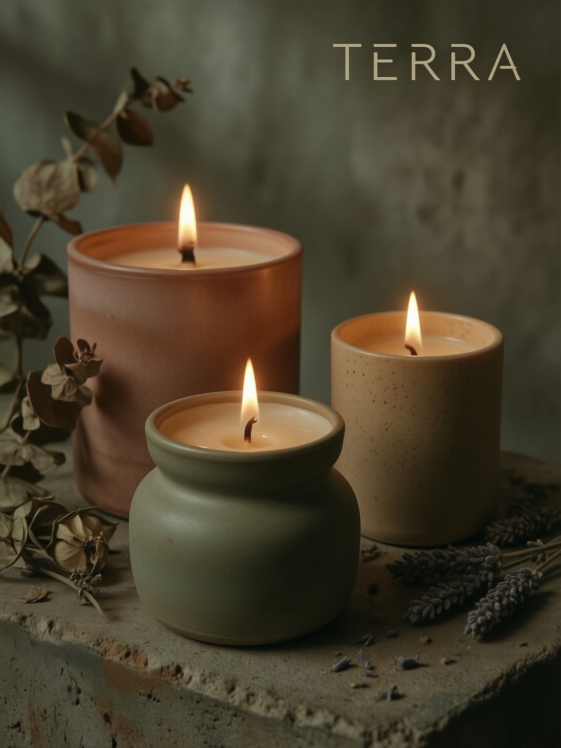 TERRA Candles on Raw Concrete — AI generated image