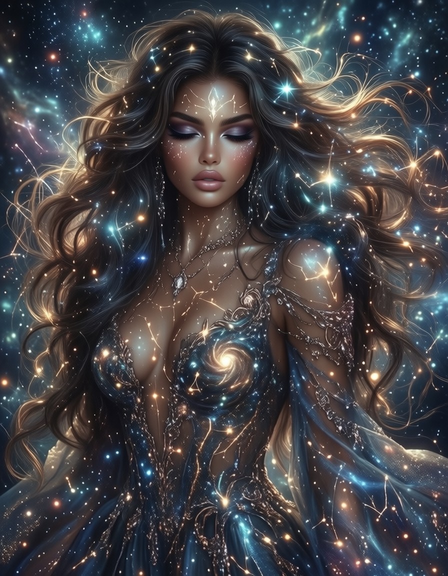Celestial Sorceress in Cosmic Gown — AI generated image
