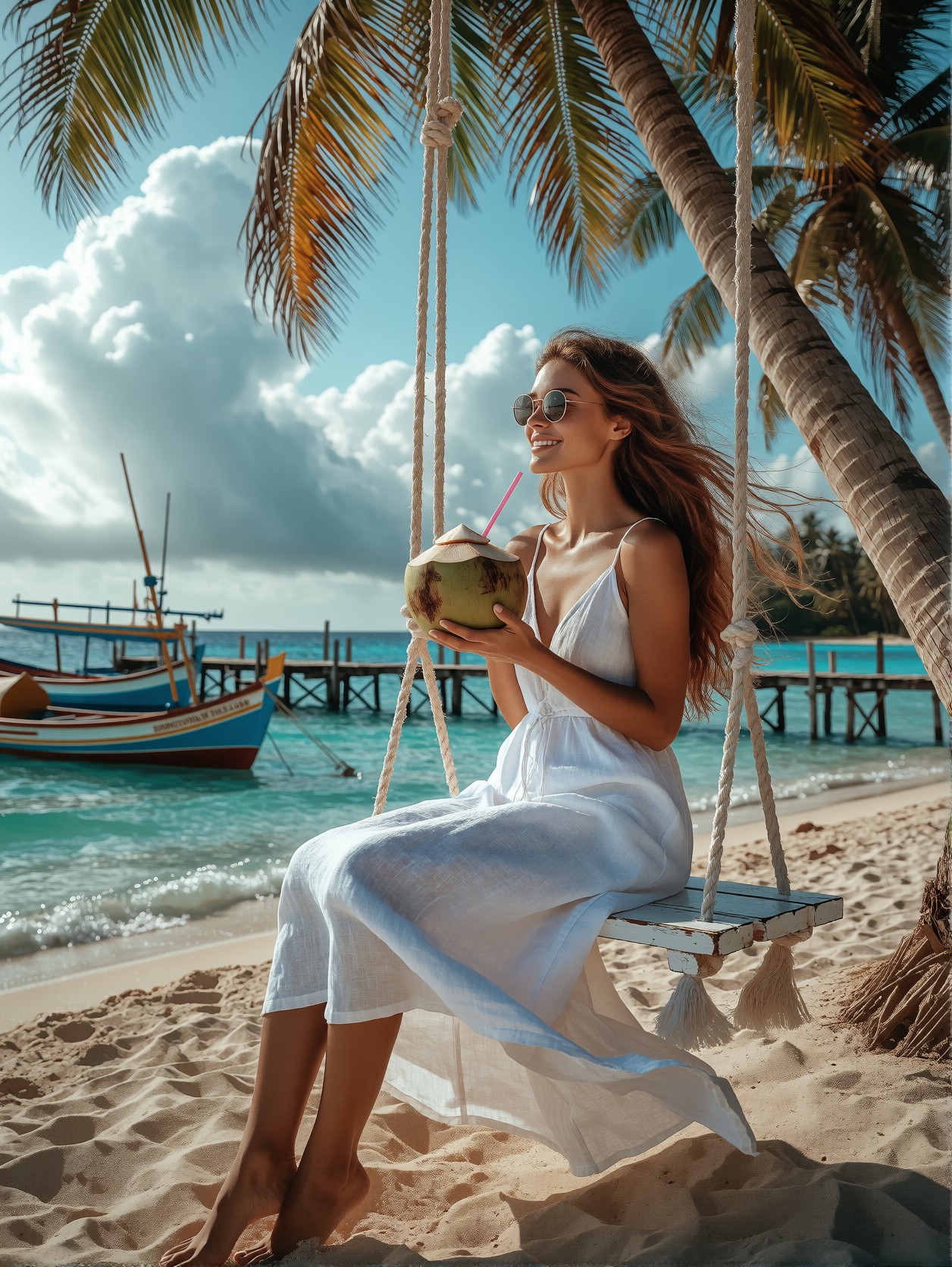 Sun-Kissed Woman on Seaside Swing — AI generated image