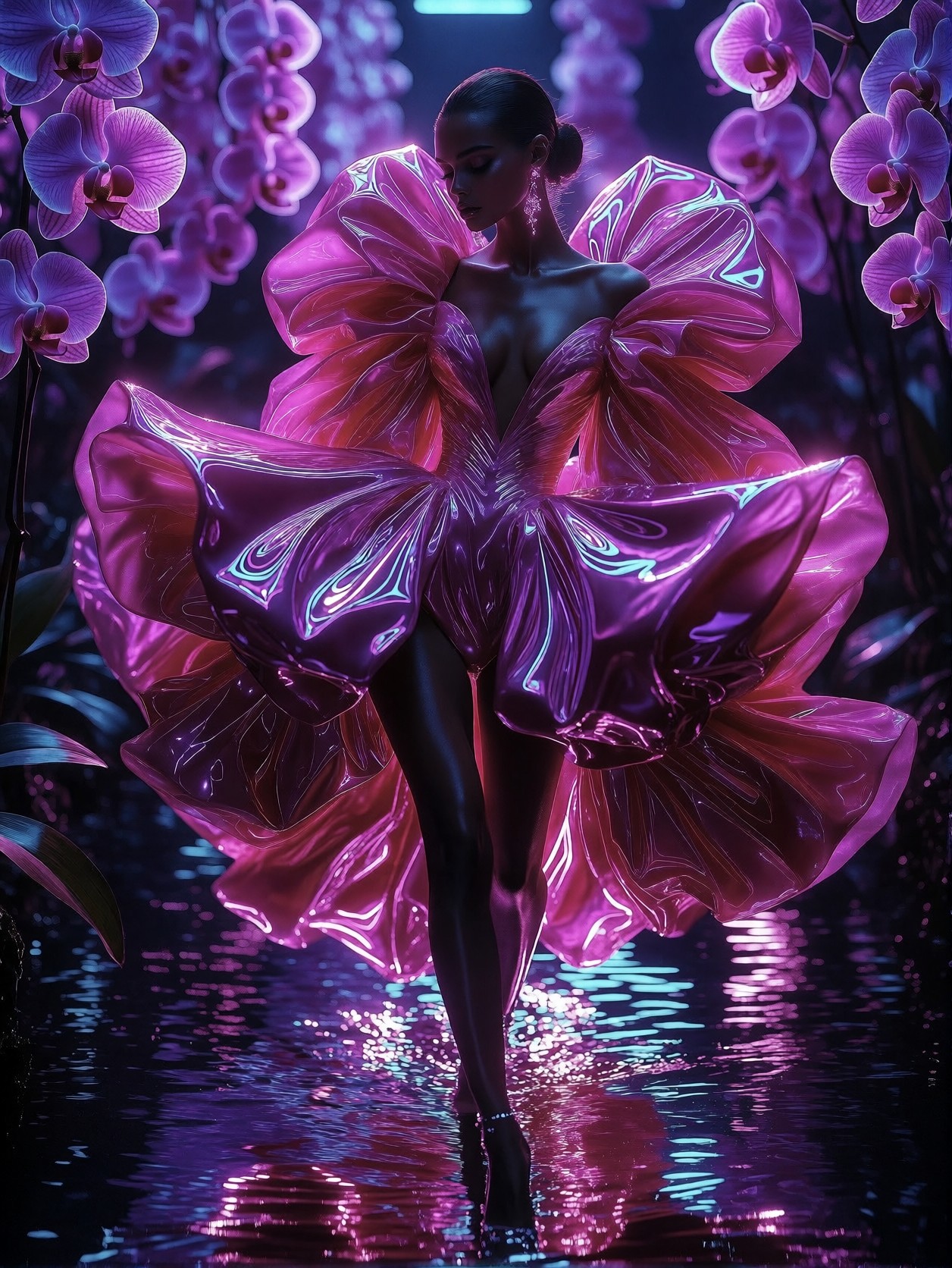 Neon-Orchid Runway Goddess — AI generated image