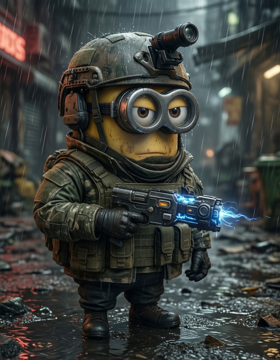 Gritty Tactical Minion in Rainy Alley — AI generated image