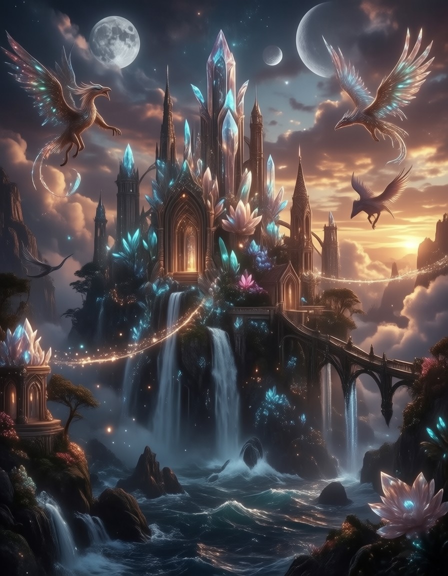 Ethereal Crystal City Under Sunset Moons — AI generated image