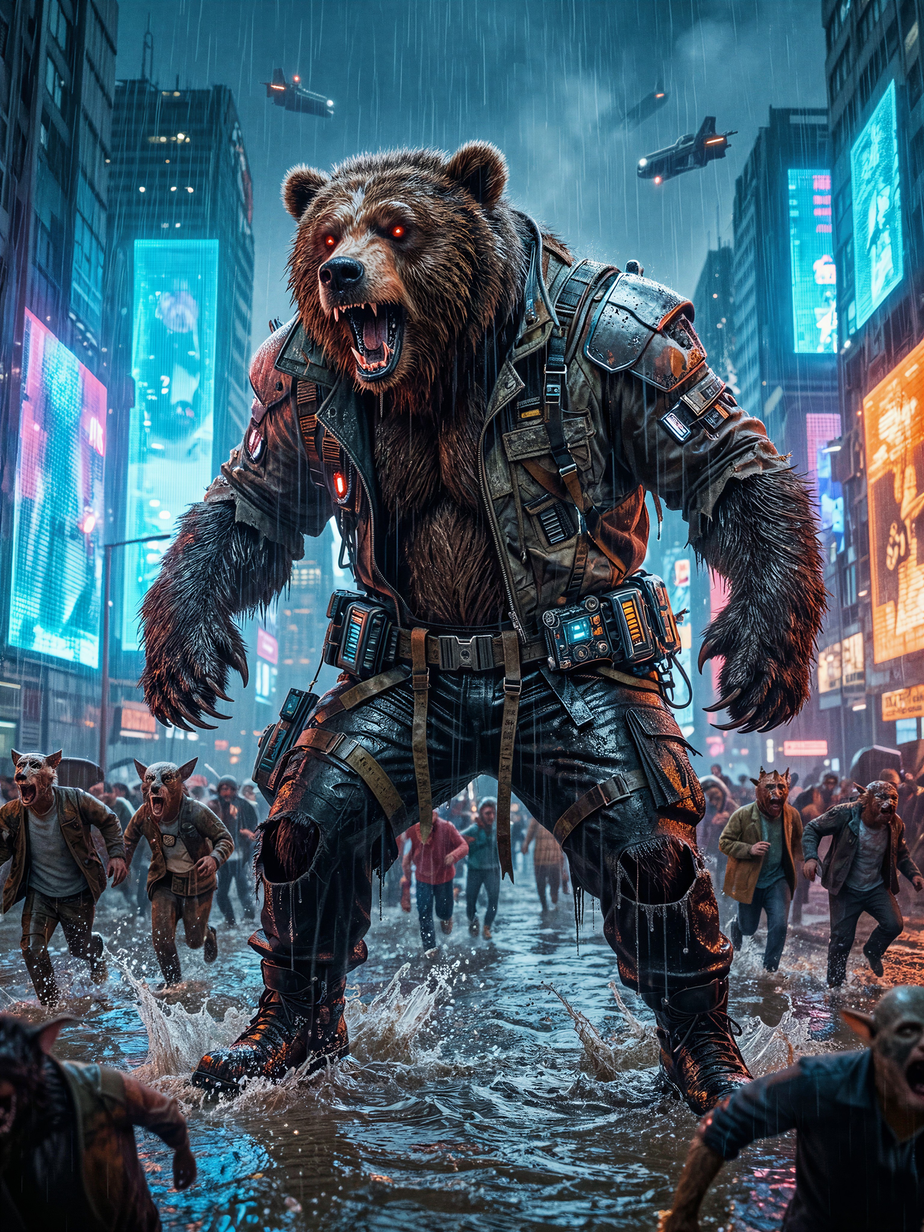 Gigantic Cyberpunk Bear Rampage — AI generated image