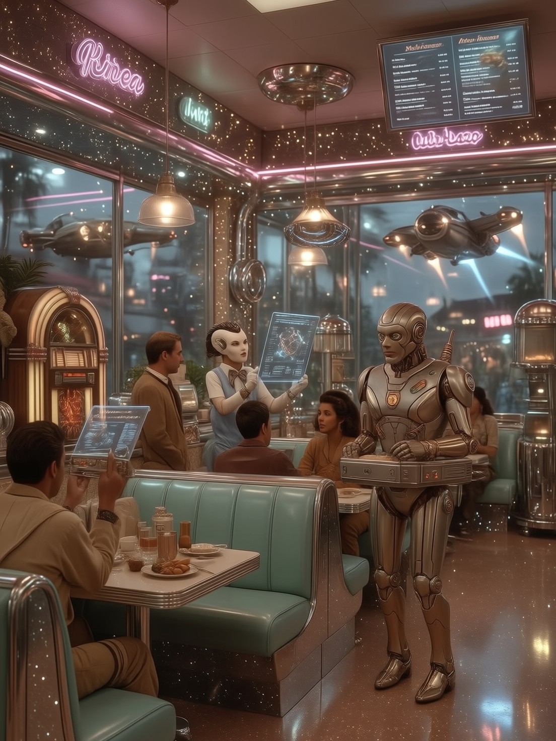 Retro Futuristic Diner with Holographic Menus — AI generated image