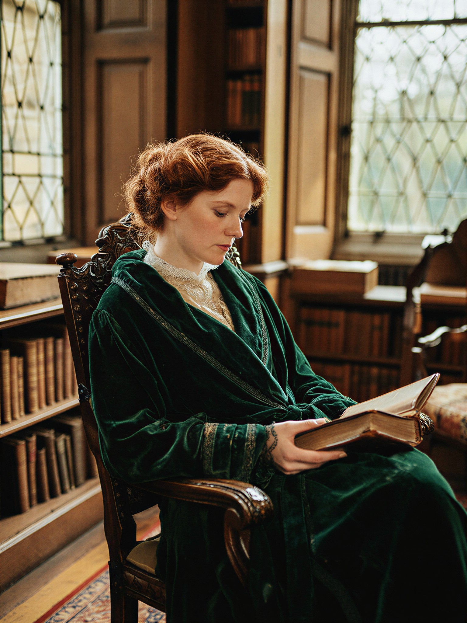Victorian Lady in Velvet Robe with Book — AI generated image