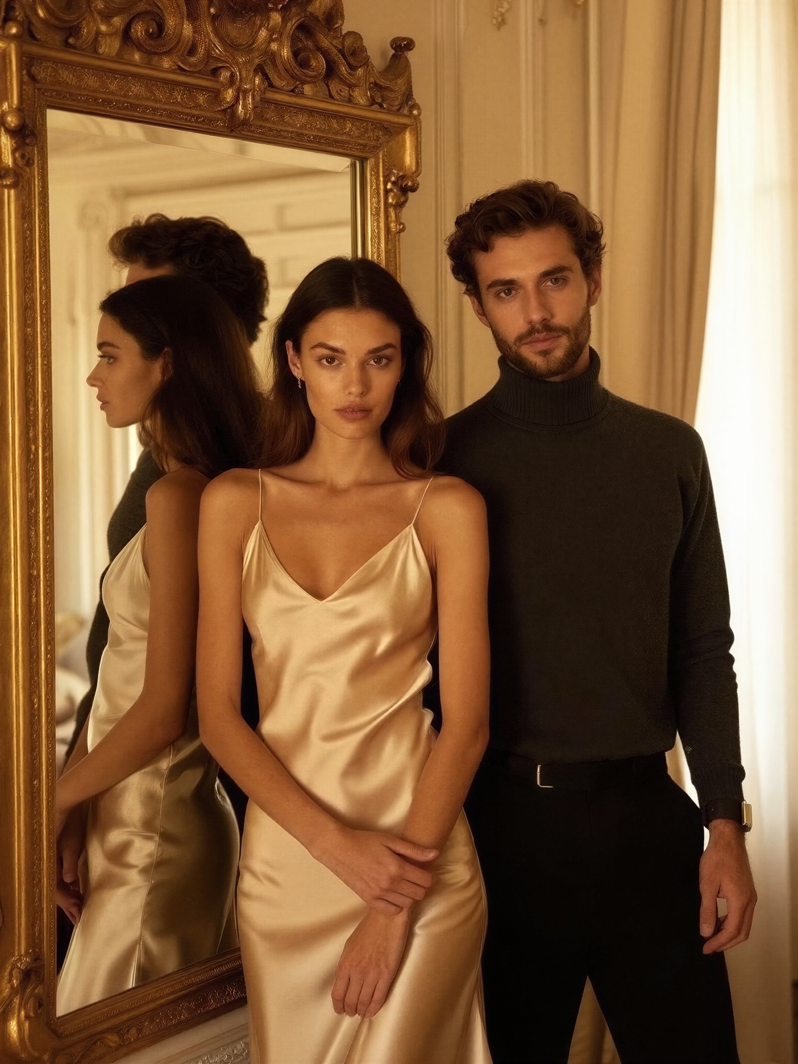 Stylish Couple Before Ornate Mirror — AI generated image