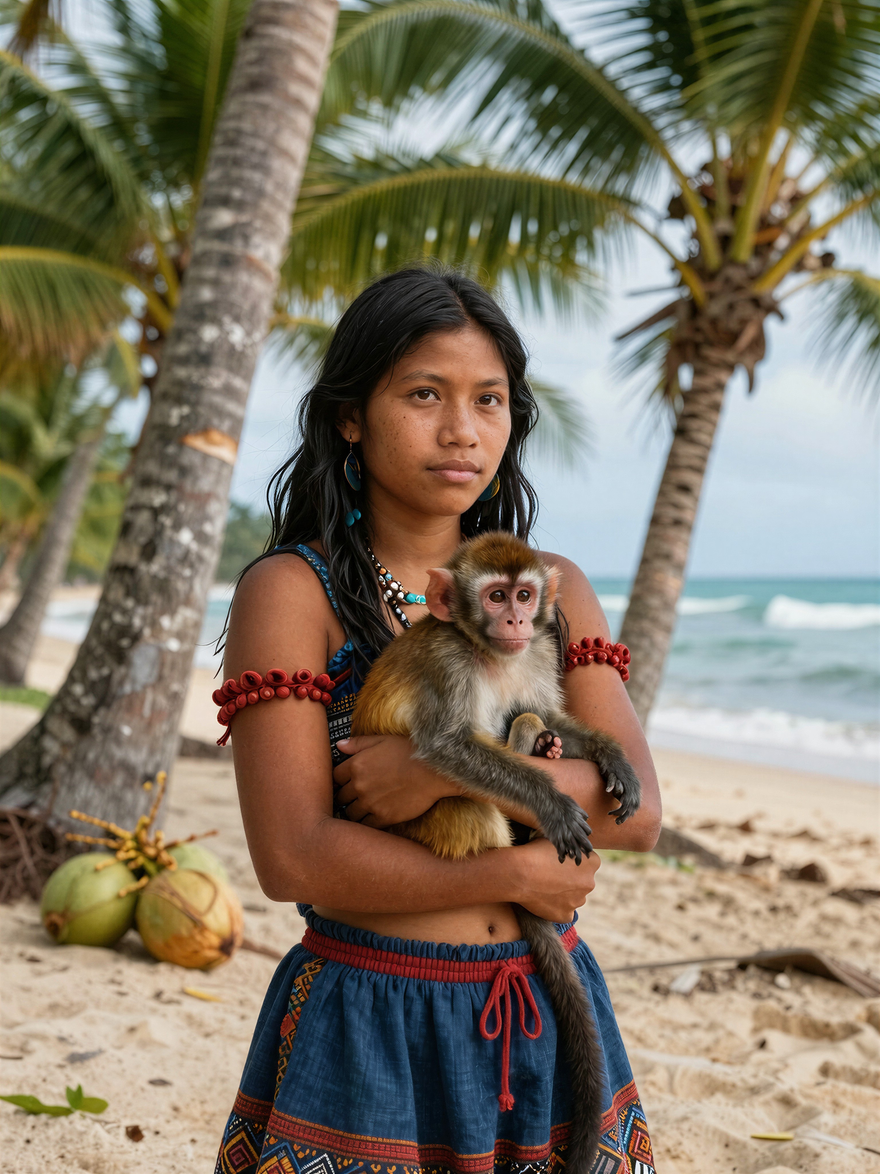 Indigenous Woman with Monkey on Tropical Shore — AI generated image