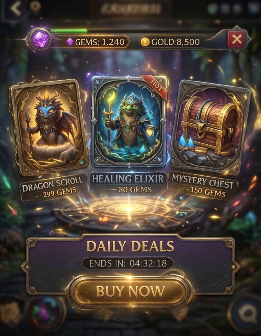 Fantasy Game Shop UI with Floating Cards — AI generated image