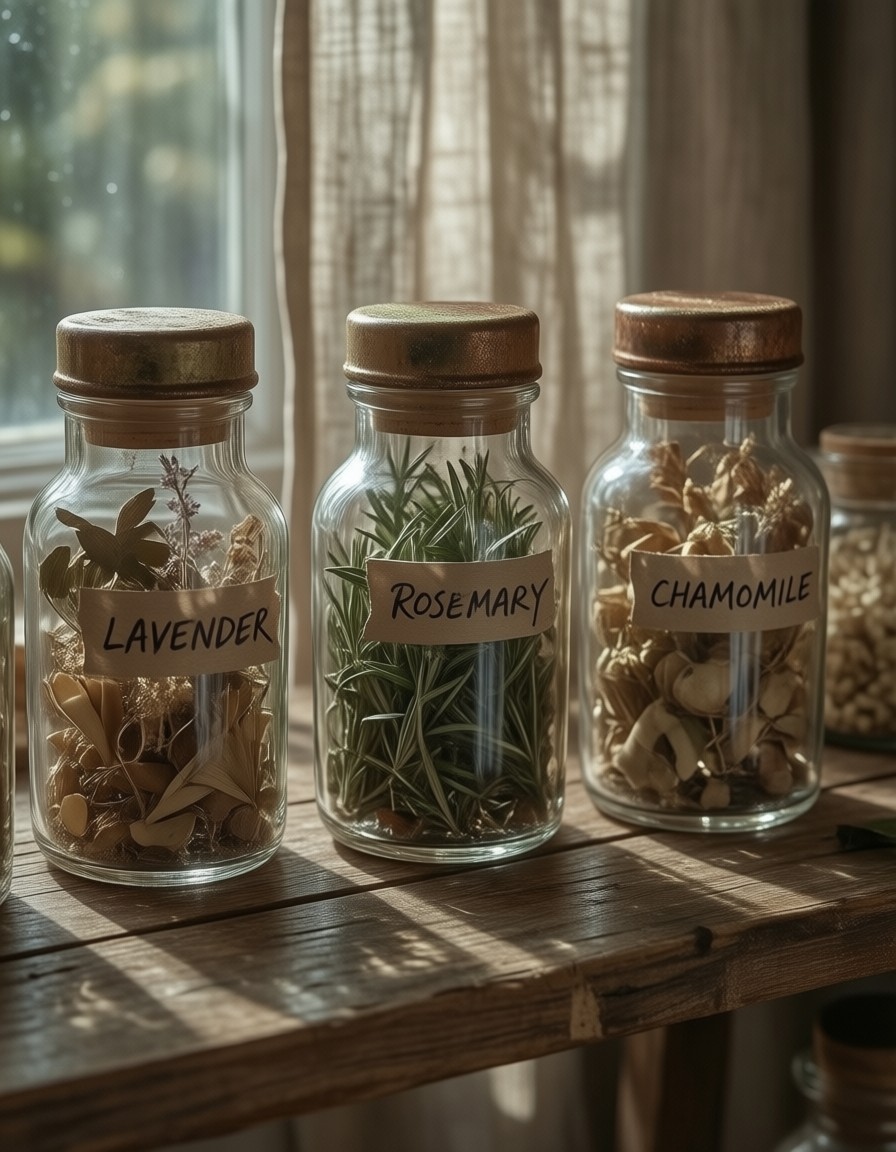 Rustic Apothecary Jars with Herbs — AI generated image