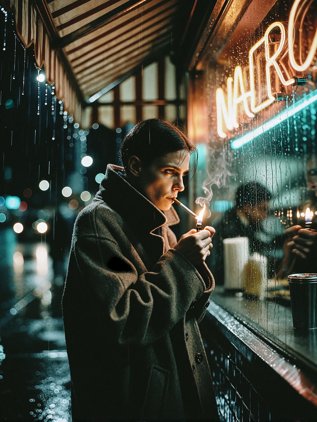 Lone Smoker Under Neon Diner Awning — AI generated image