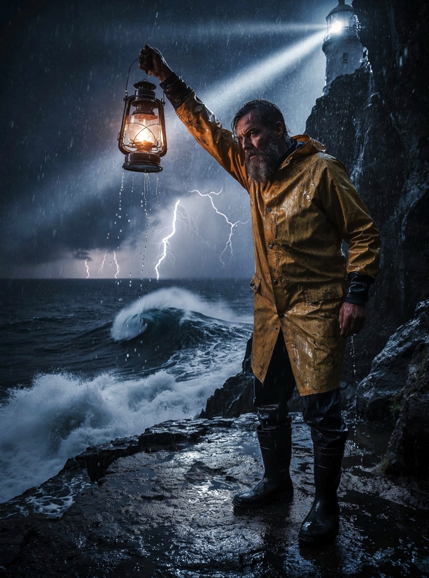 Weathered Lighthouse Keeper Faces Ocean Storm — AI generated image