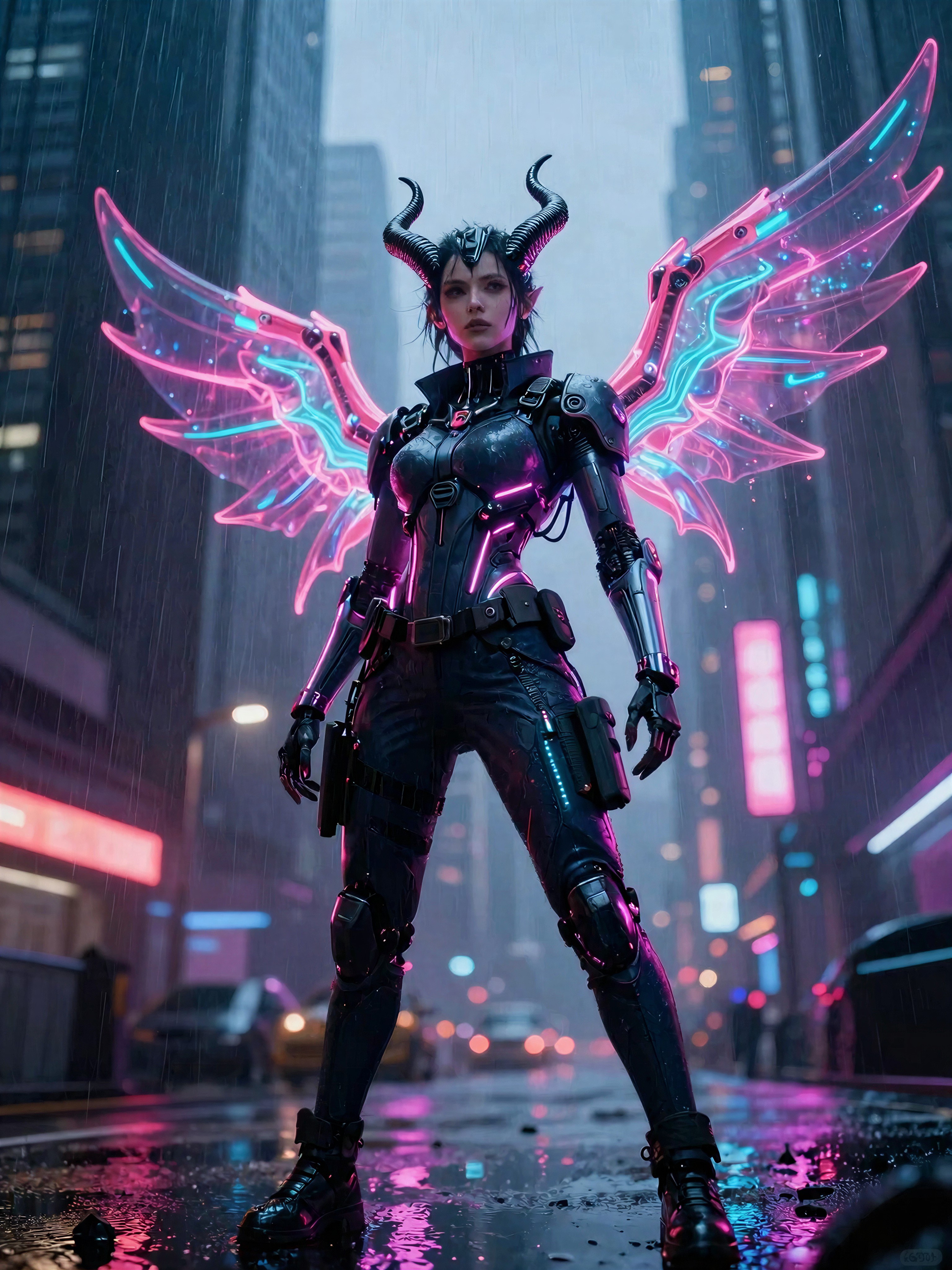 Cyberpunk Demoness in Neon Megacity — AI generated image