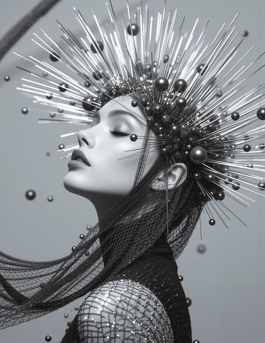 Surreal Monochrome Fashion Portrait with Architectural Headdress — AI generated image