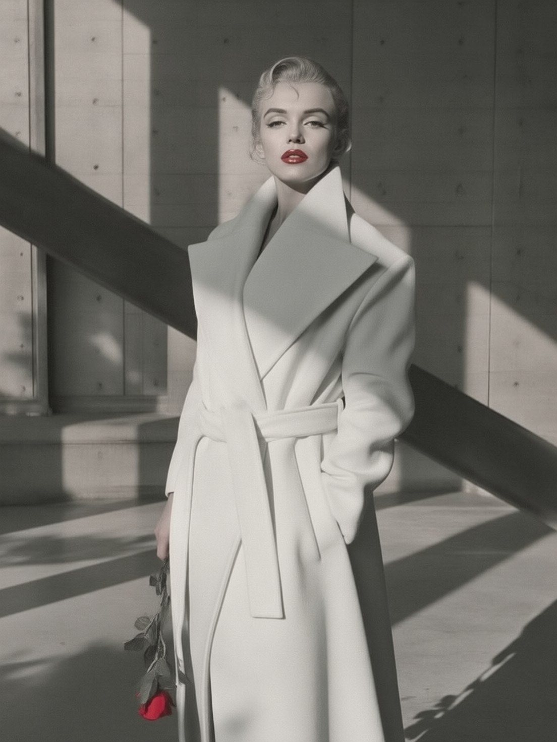 Monochrome Marilyn in Brutalist — AI generated image