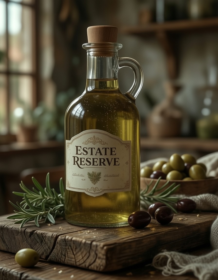 Elegant Olive Oil Bottle on Rustic Table — AI generated image