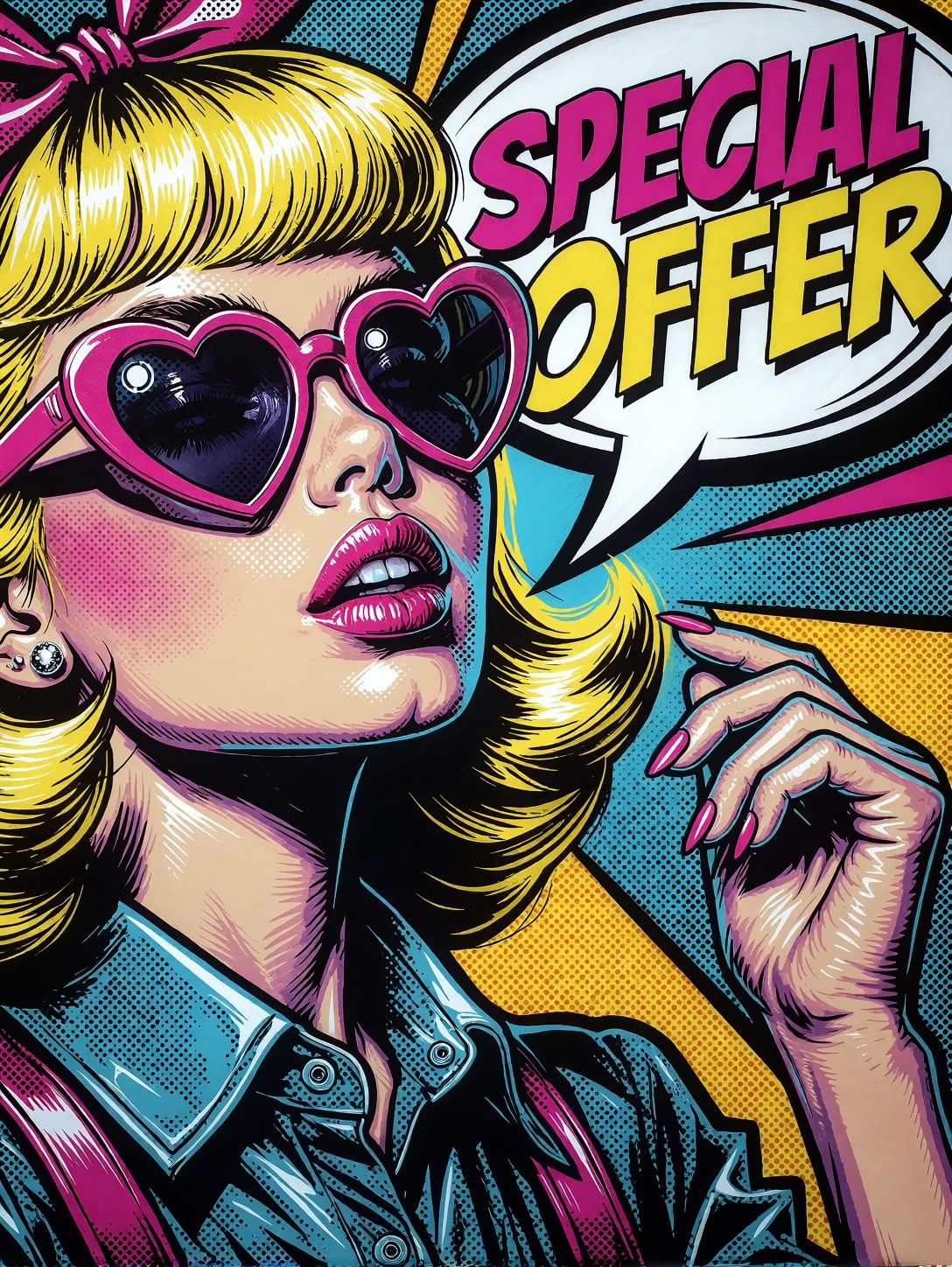 Retro Girl in Halftone with Bold 'Special Offer' Bubble — AI generated image