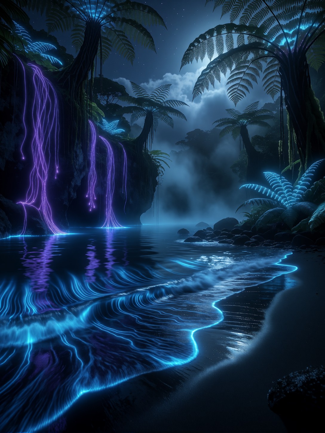 Bioluminescent Midnight Lagoon — AI generated image