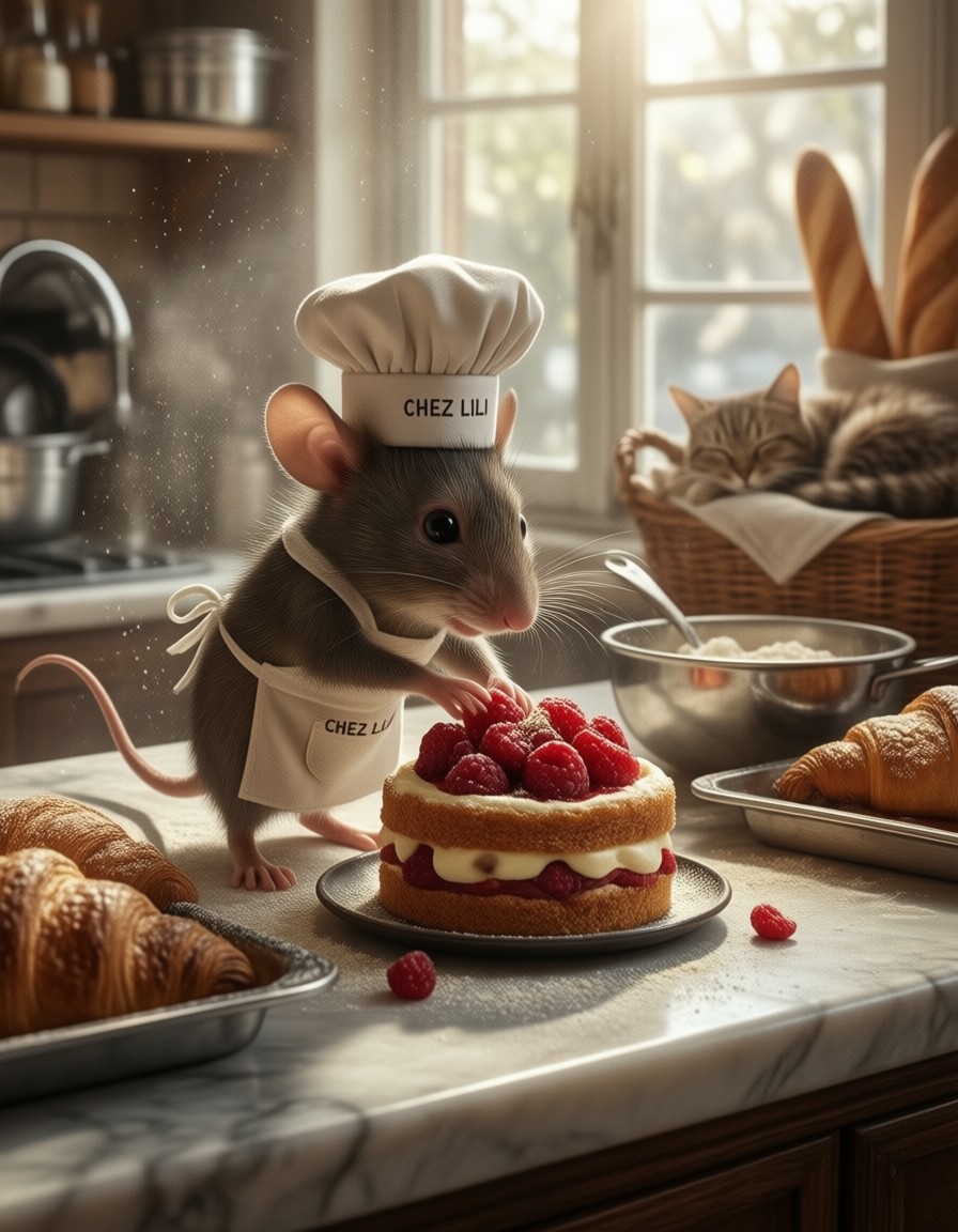 Tiny Mouse Chef in Sunlit Bakery — AI generated image