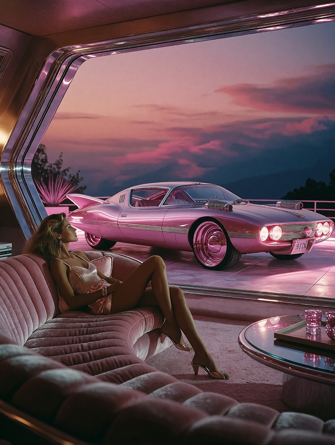 Stylish Woman in Retro-Futuristic Living Room — AI generated image