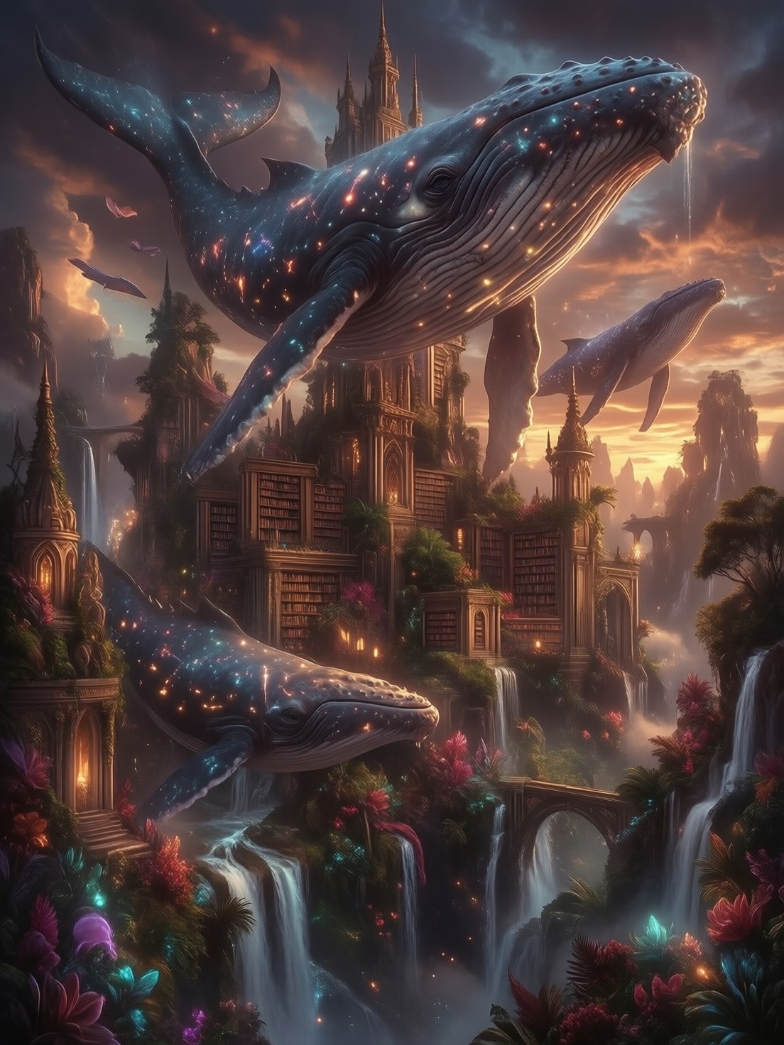 Floating Library and Sky-Whales at Sunset — AI generated image