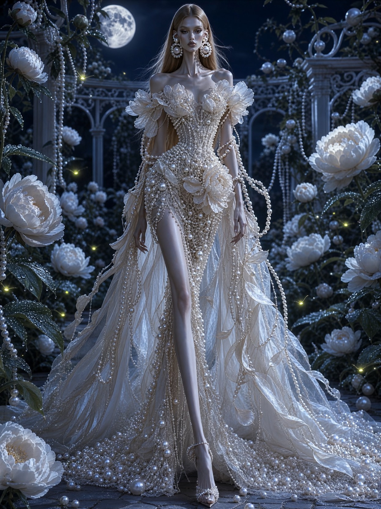 Elegant Pearl Couture Moonlit Garden Portrait — AI generated image