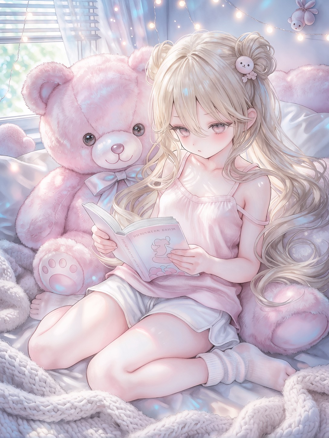 Cute Anime Girl Reading With Bear — AI generated image