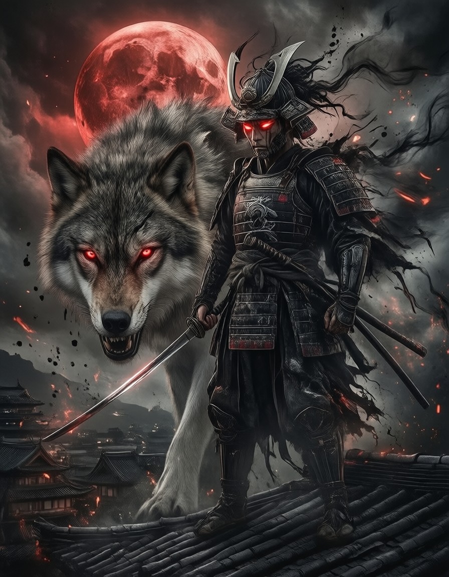 Scarred Swordsman and Wolf Under Blood Moon — AI generated image