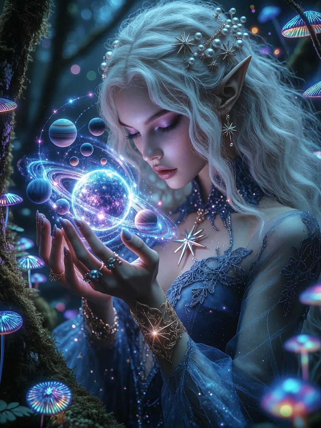 Elven Sorceress Holding Glowing Miniature Solar System — AI generated image