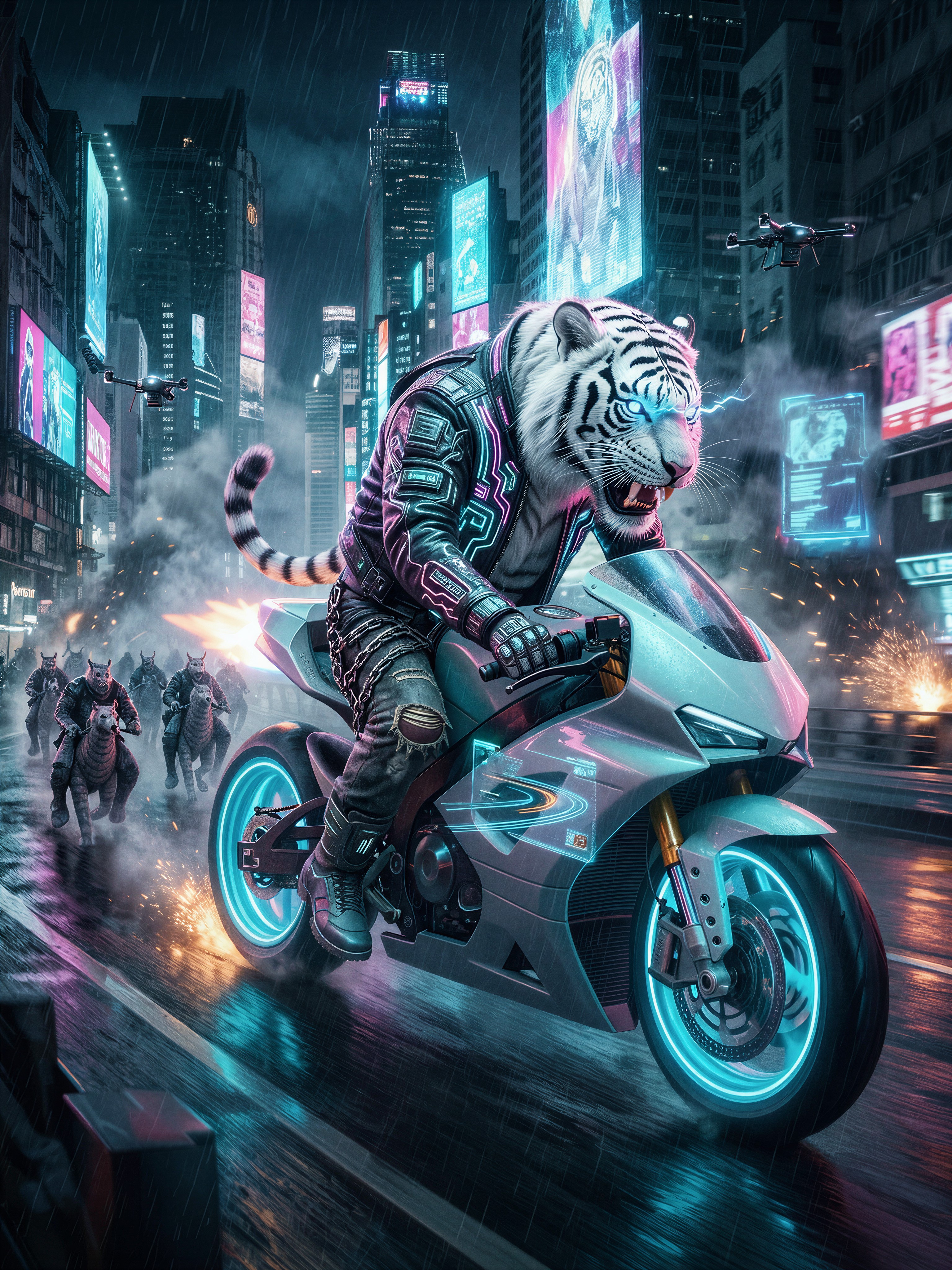 Cyberpunk Tiger Hoverbike Race — AI generated image