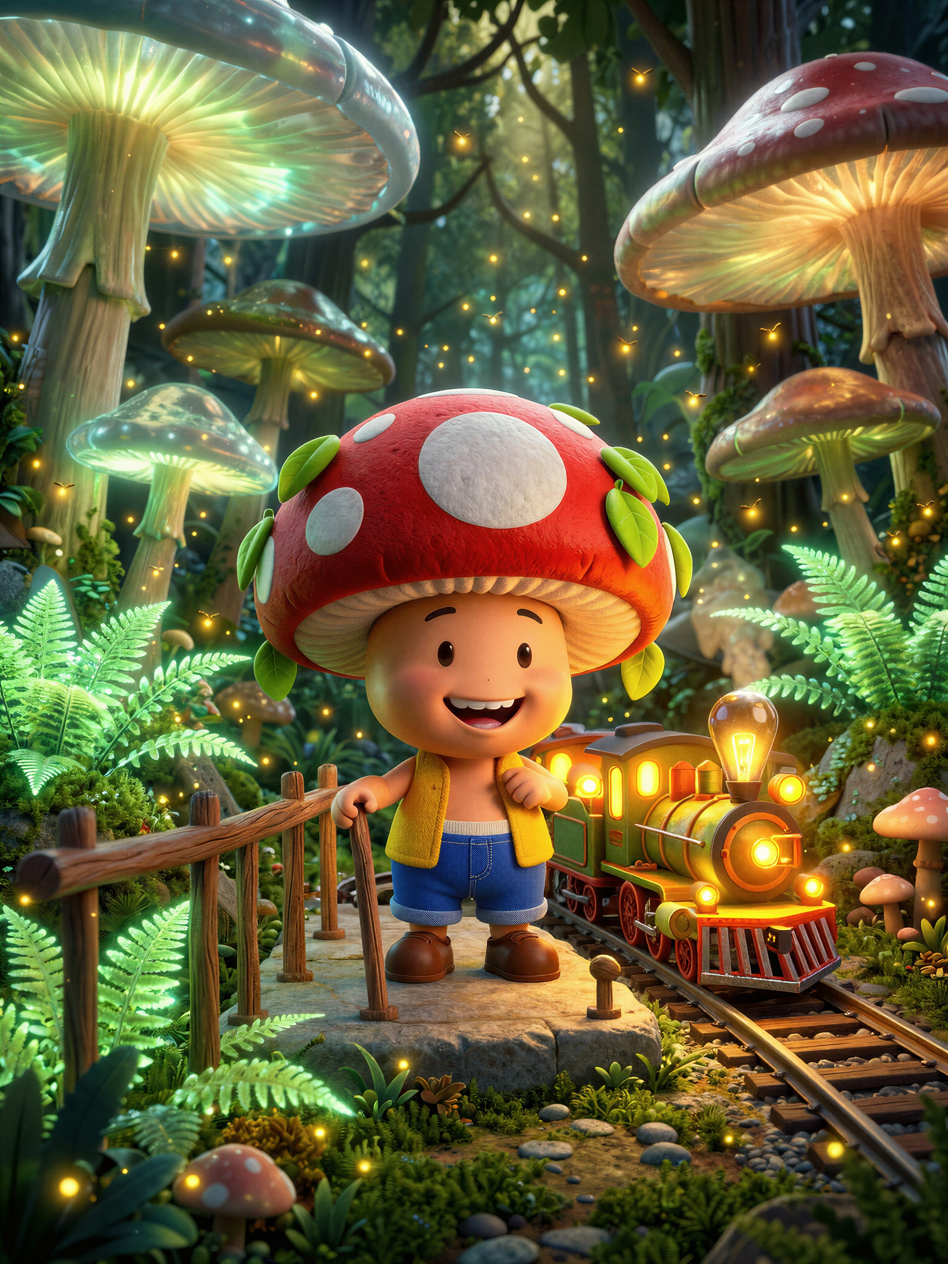 Cheerful Mushroom Conductor in Enchanted Forest — AI generated image