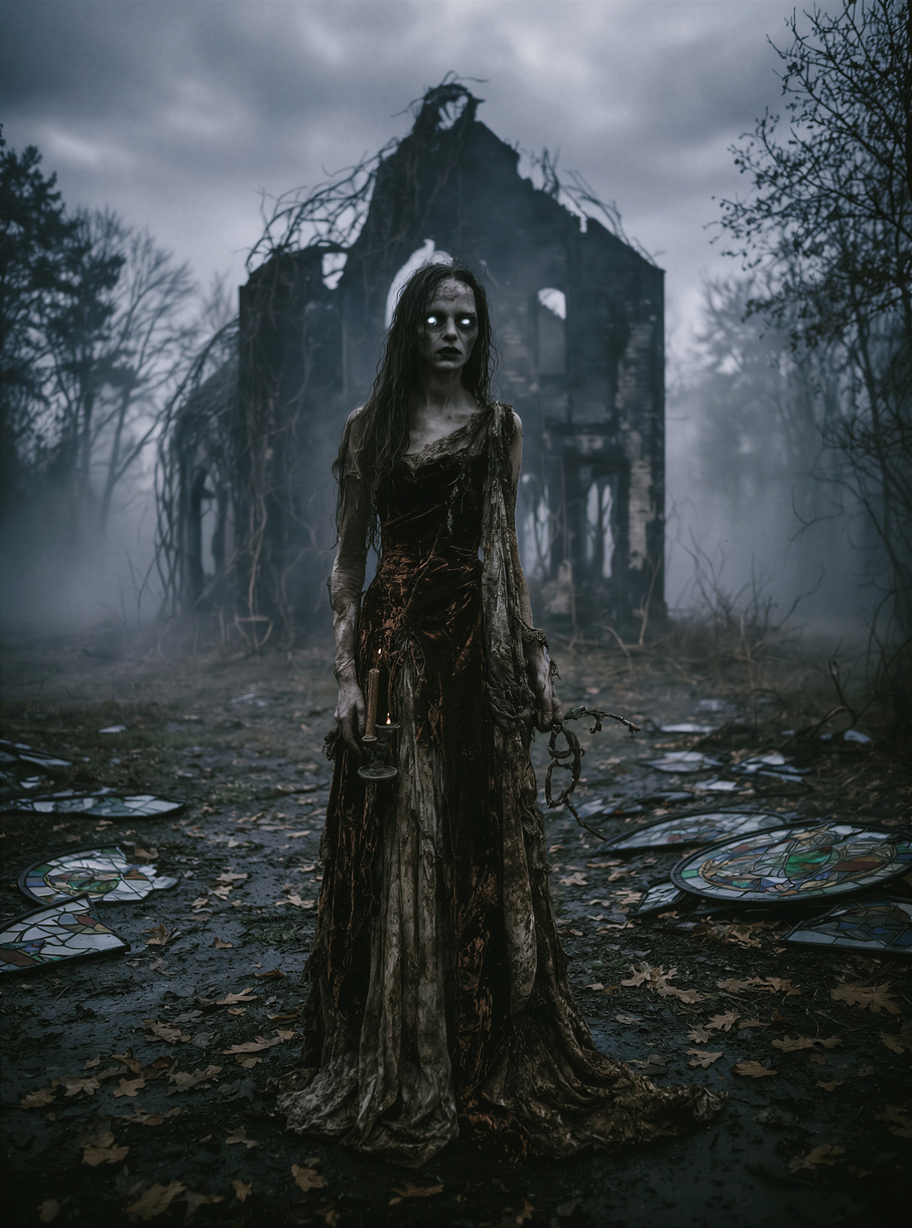 Ghostly Woman in Foggy Chapel Ruins — AI generated image