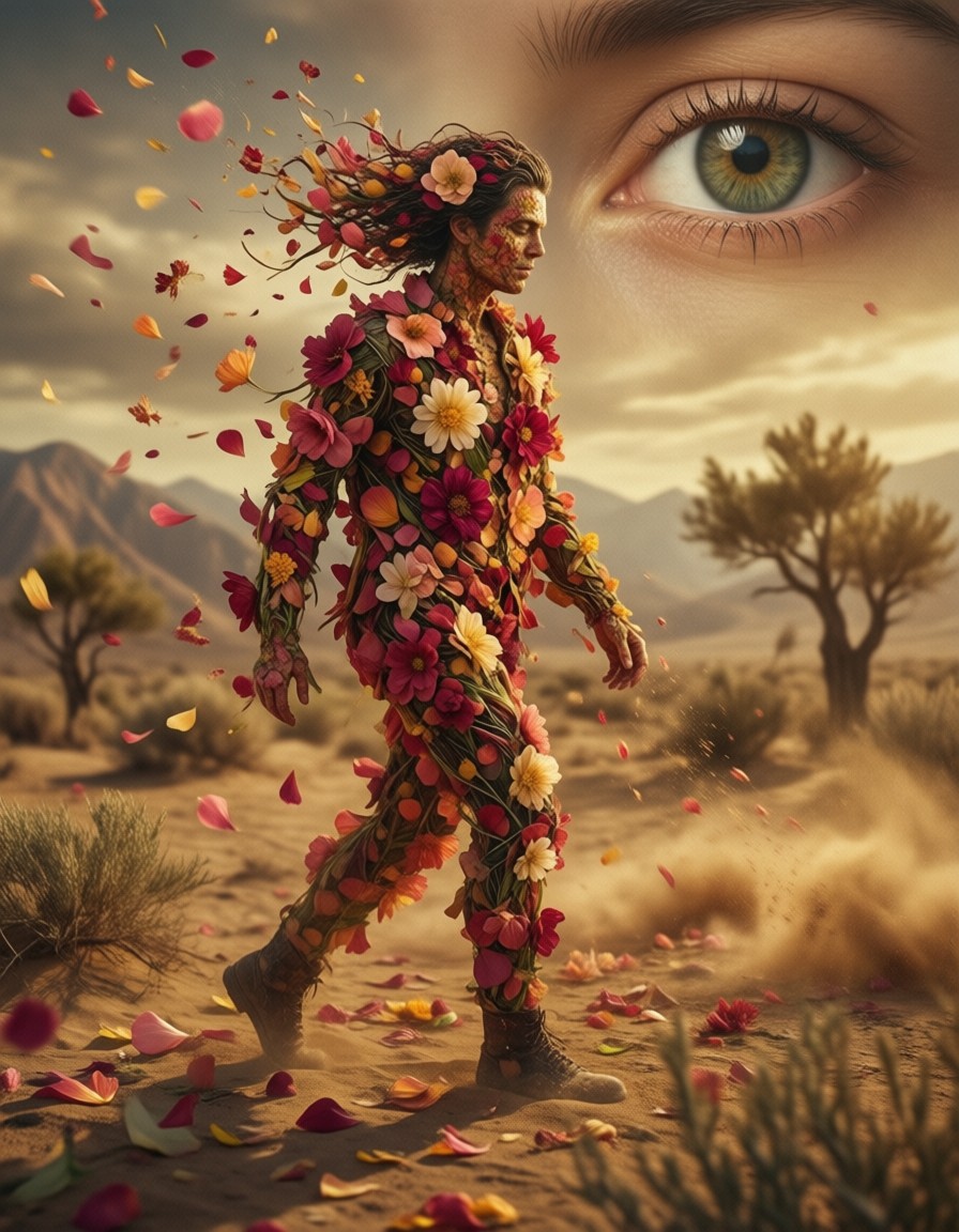 Surreal Petal Figure in Desert Sky — AI generated image