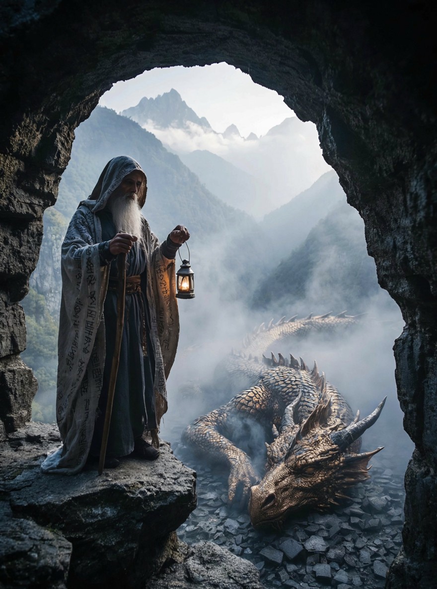 Hermit Watches Over Slumbering Dragon — AI generated image