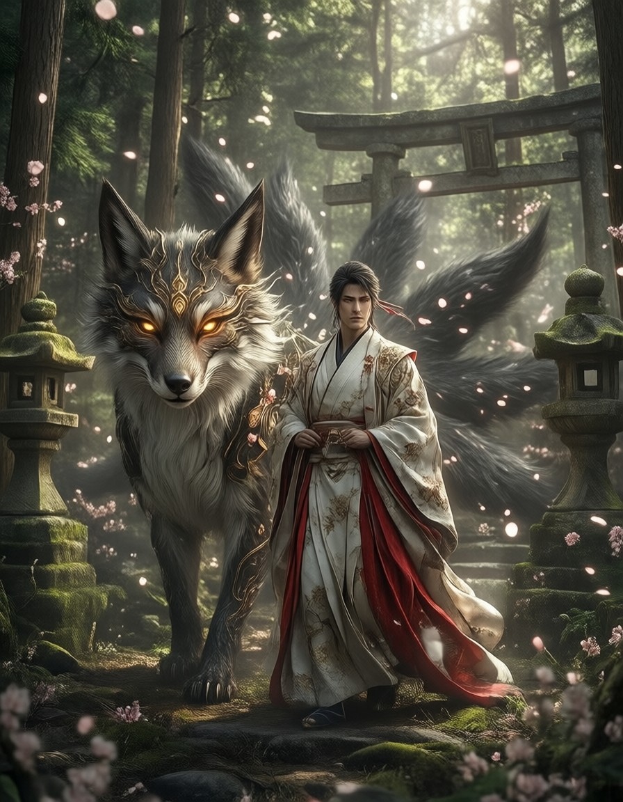 Shinto Priest with Kitsune in Sacred Forest — AI generated image