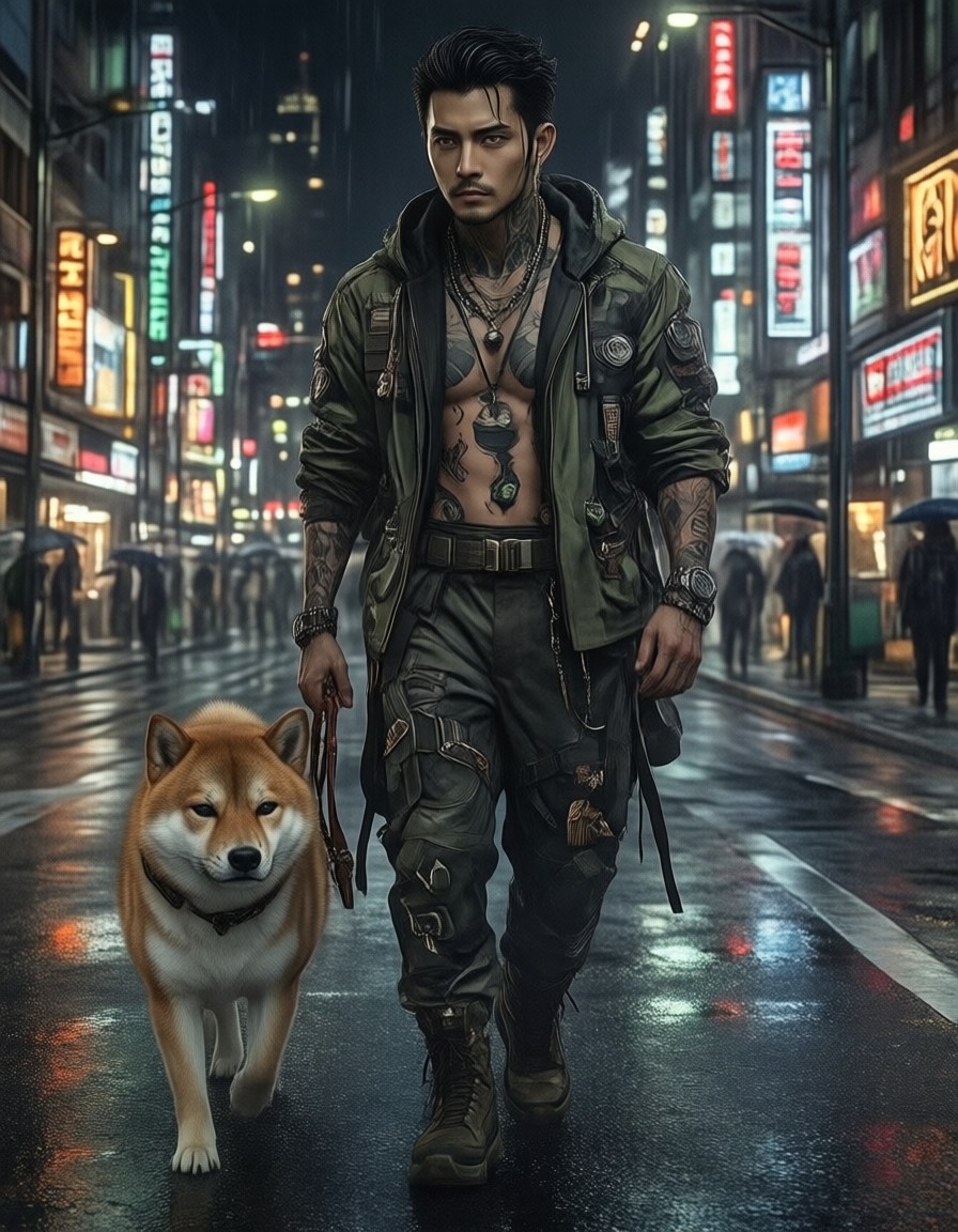 Stylish Japanese Man with Shiba Inu in Neon Shinjuku — AI generated image