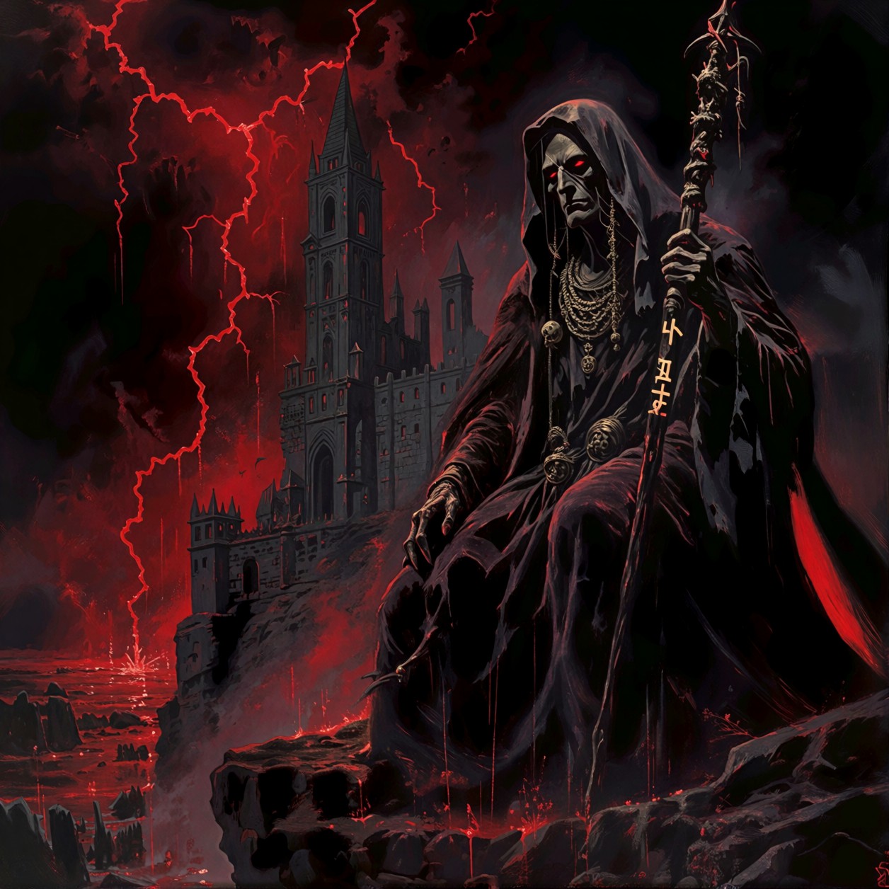 Battle-Worn Necromancer at Stormy Cliff Edge — AI generated image