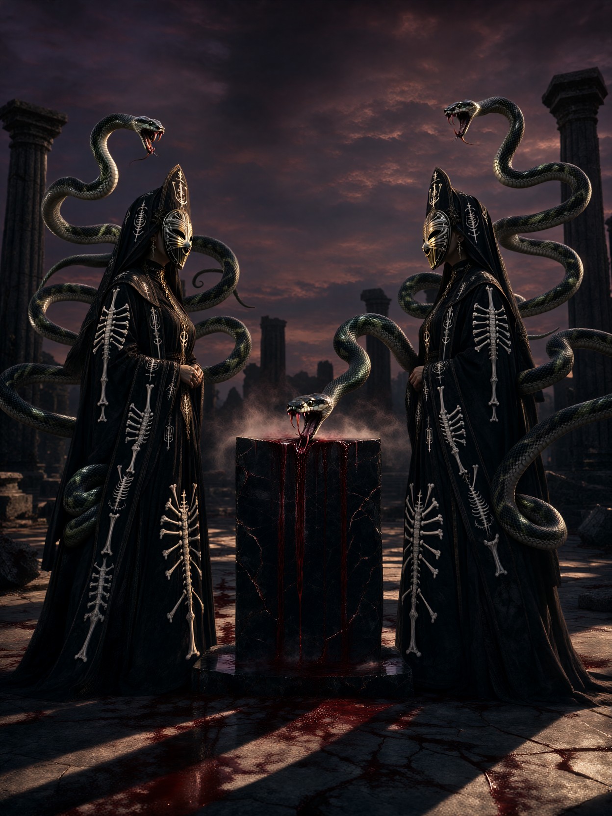 Twin Priestesses Ritual Serpent Ceremony — AI generated image