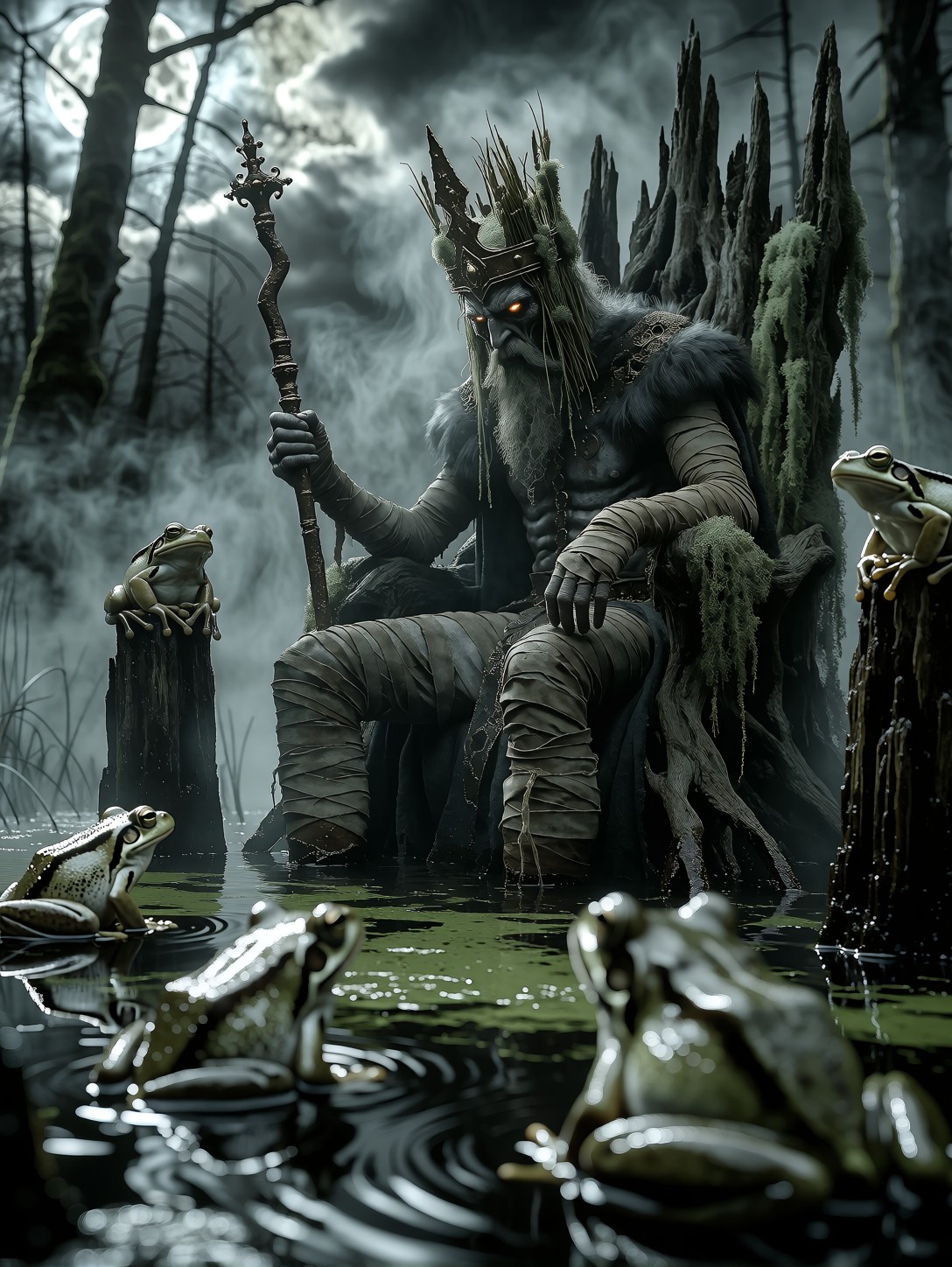 Gaunt Leper King on Bog Throne — AI generated image
