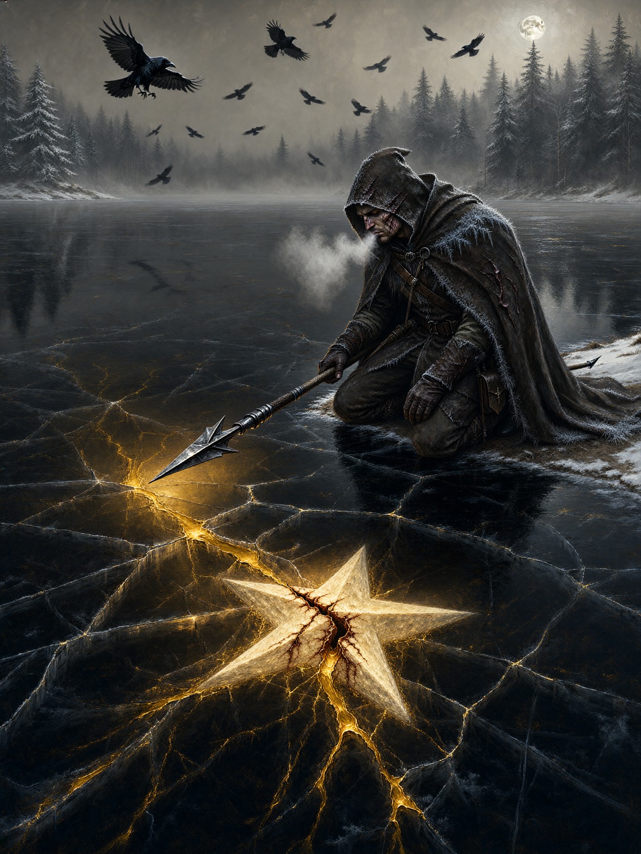 Huntsman And Fallen Star Beneath Ice — AI generated image