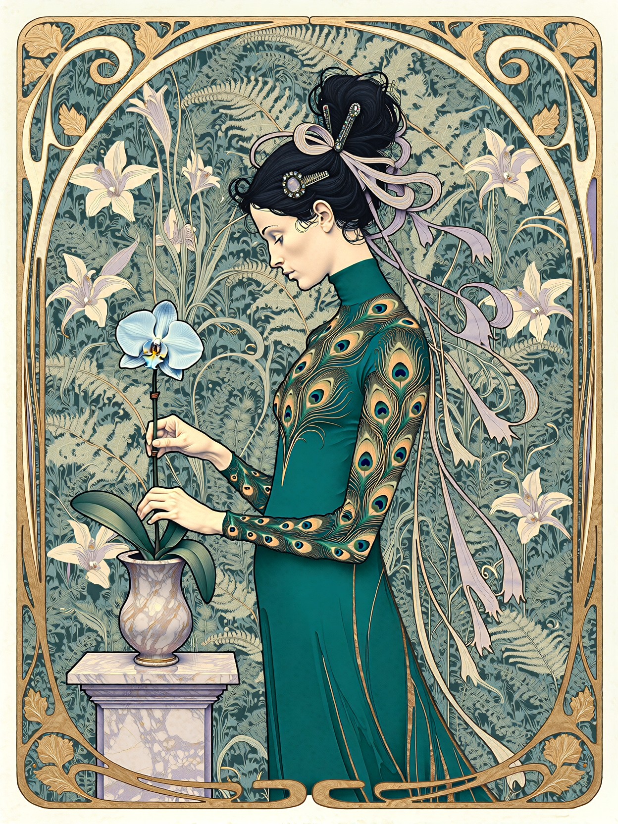 Art Nouveau Woman With Orchid Vase — AI generated image